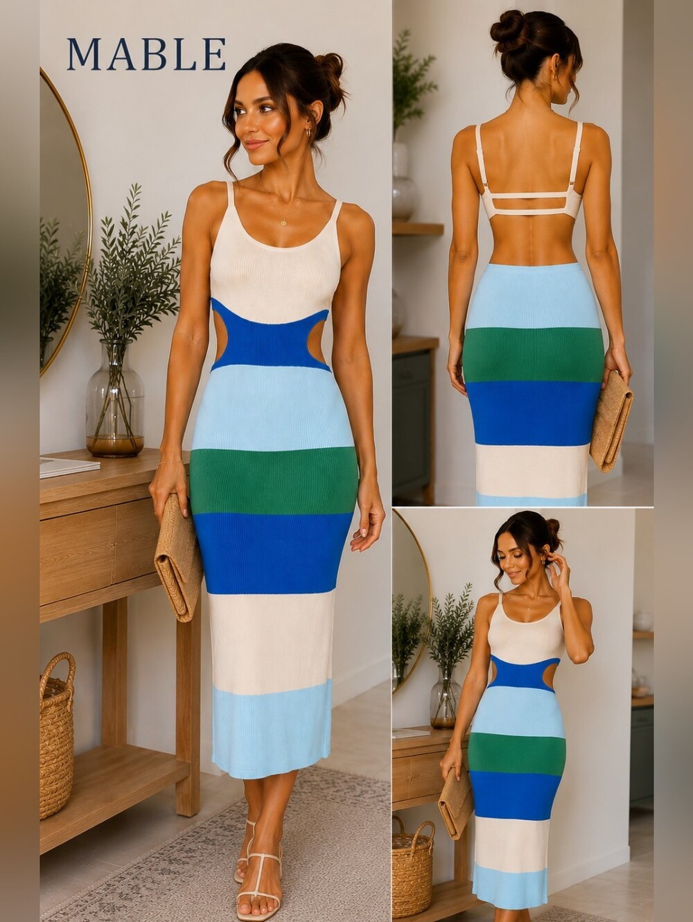 MABLE Colorblock Knit Cutout Open Back Midi Dress Size Large
